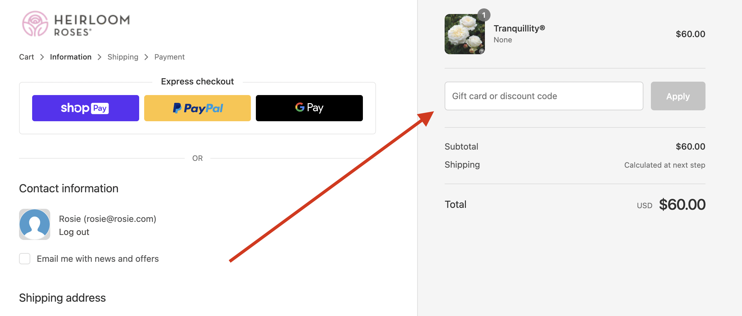 How do I apply a discount code or giftcard? Heirloom Roses